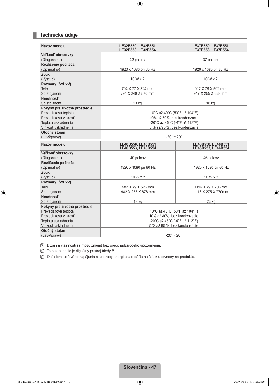 Technické údaje | Samsung LE37B551A6W User Manual | Page 399 / 502