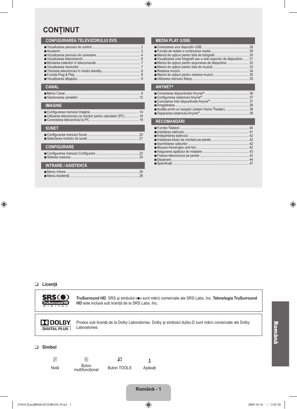 Conţinut, Română | Samsung LE37B551A6W User Manual | Page 401 / 502