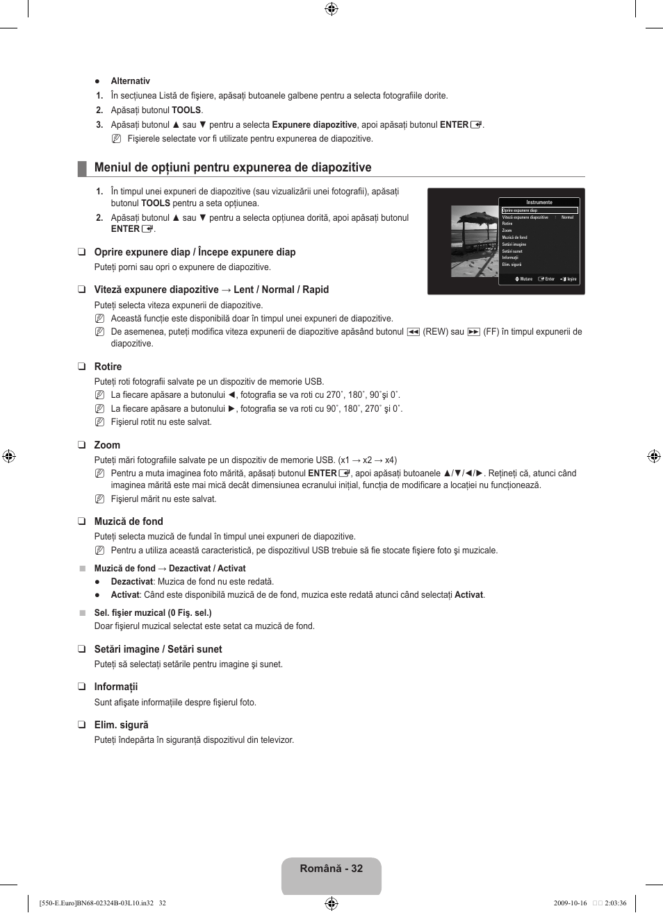 Meniul de opţiuni pentru expunerea de diapozitive | Samsung LE37B551A6W User Manual | Page 432 / 502