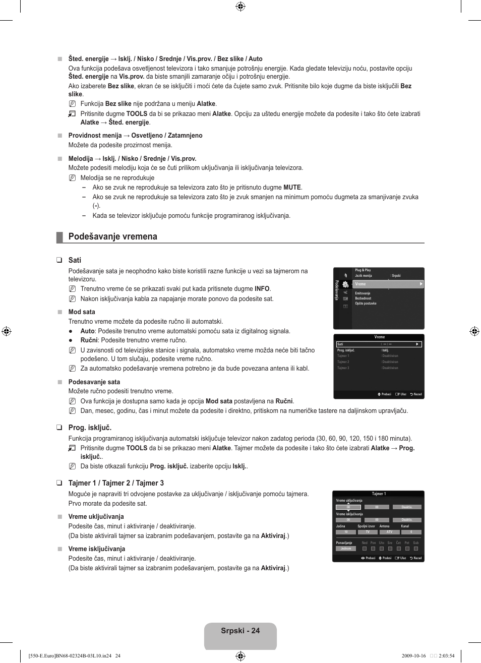 Podešavanje vremena, Srpski - 24, Sati | Prog. isključ, Tajmer 1 / tajmer 2 / tajmer 3 | Samsung LE37B551A6W User Manual | Page 472 / 502