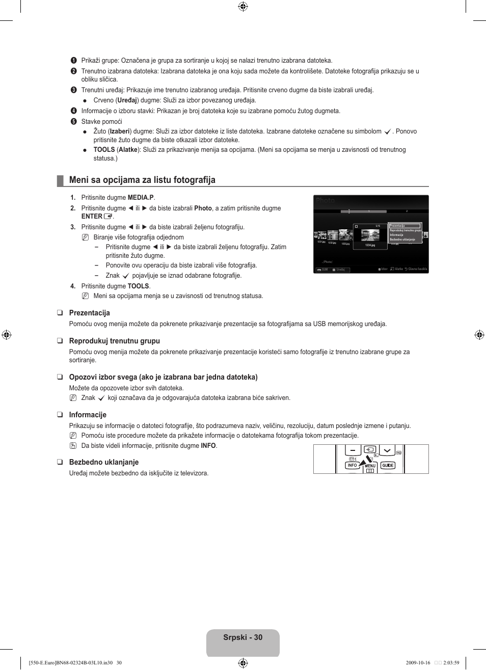Meni sa opcijama za listu fotografija, Srpski - 30, Prezentacija | Reprodukuj trenutnu grupu, Informacije, Bezbedno uklanjanje | Samsung LE37B551A6W User Manual | Page 478 / 502