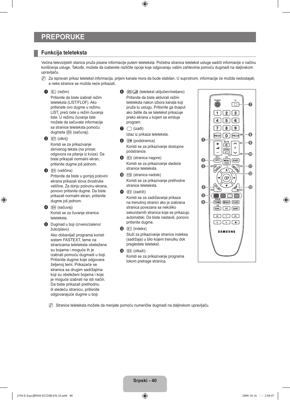 Preporuke, Funkcija teleteksta | Samsung LE37B551A6W User Manual | Page 488 / 502