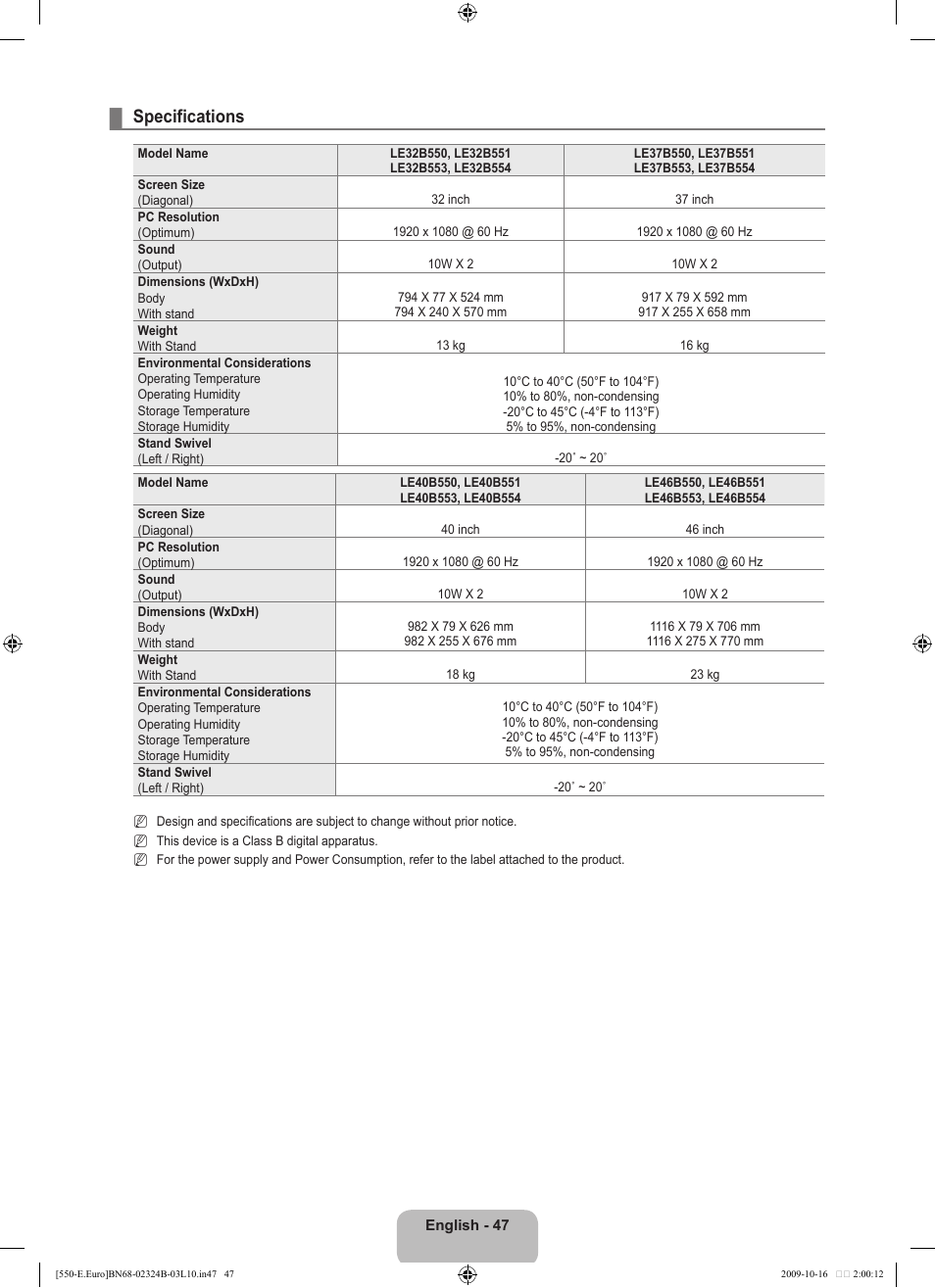 Specifications | Samsung LE37B551A6W User Manual | Page 49 / 502