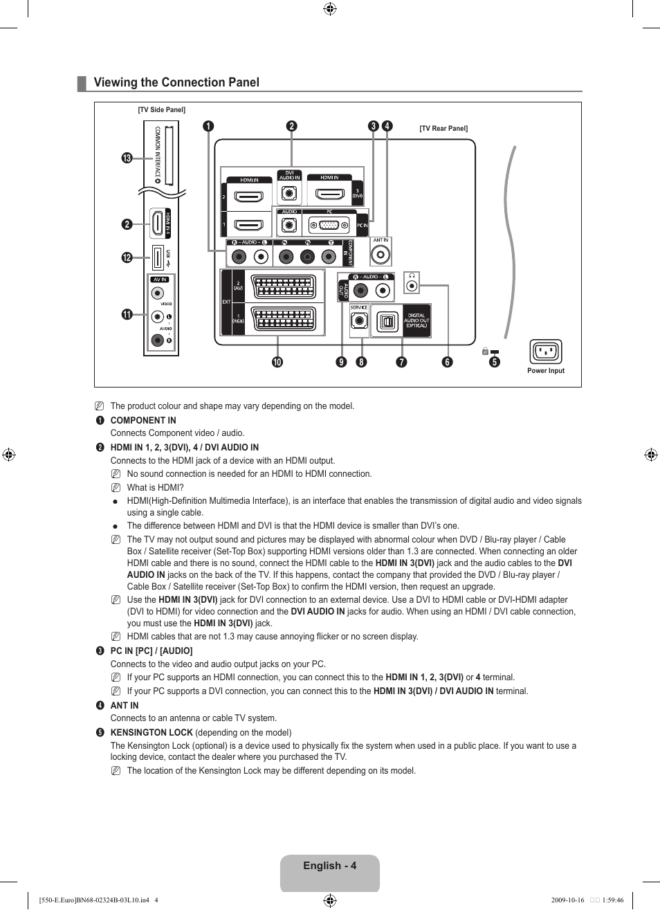 Viewing the connection panel | Samsung LE37B551A6W User Manual | Page 6 / 502