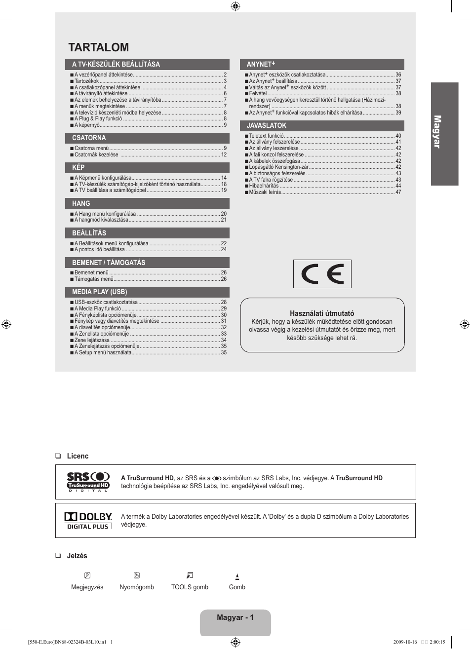 Tartalom, Ma gy ar | Samsung LE37B551A6W User Manual | Page 65 / 502