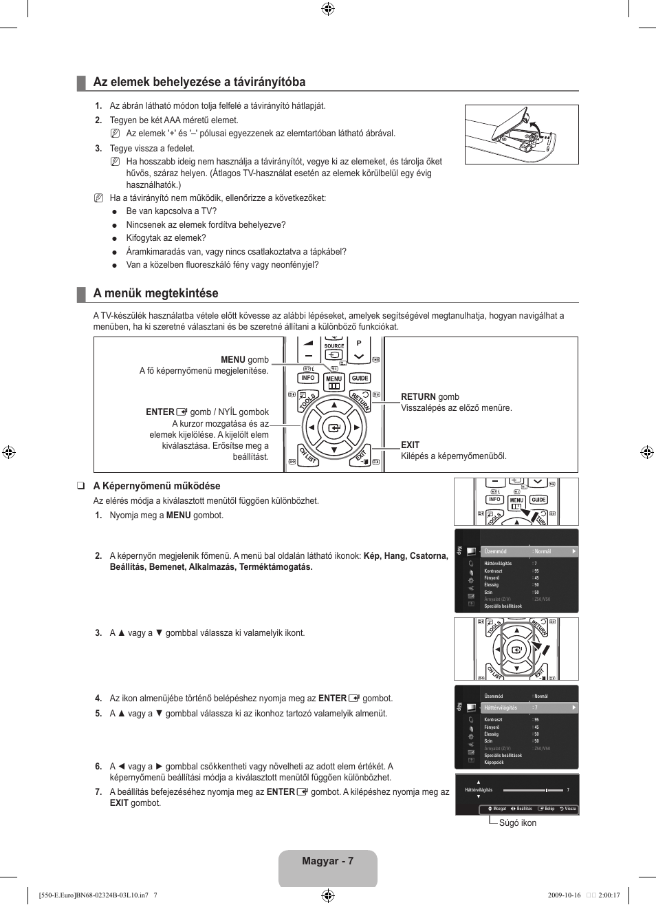 Operation, Az elemek behelyezése a távirányítóba, A menük megtekintése | Magyar, A képernyőmenü működése | Samsung LE37B551A6W User Manual | Page 71 / 502