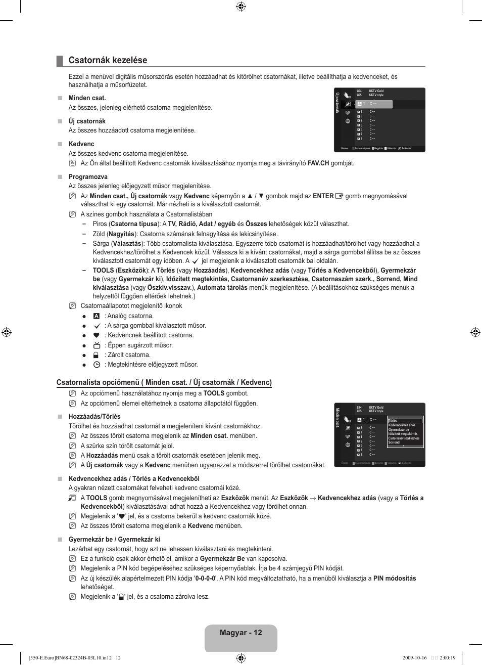 Csatornák kezelése, Magyar - 12 | Samsung LE37B551A6W User Manual | Page 76 / 502