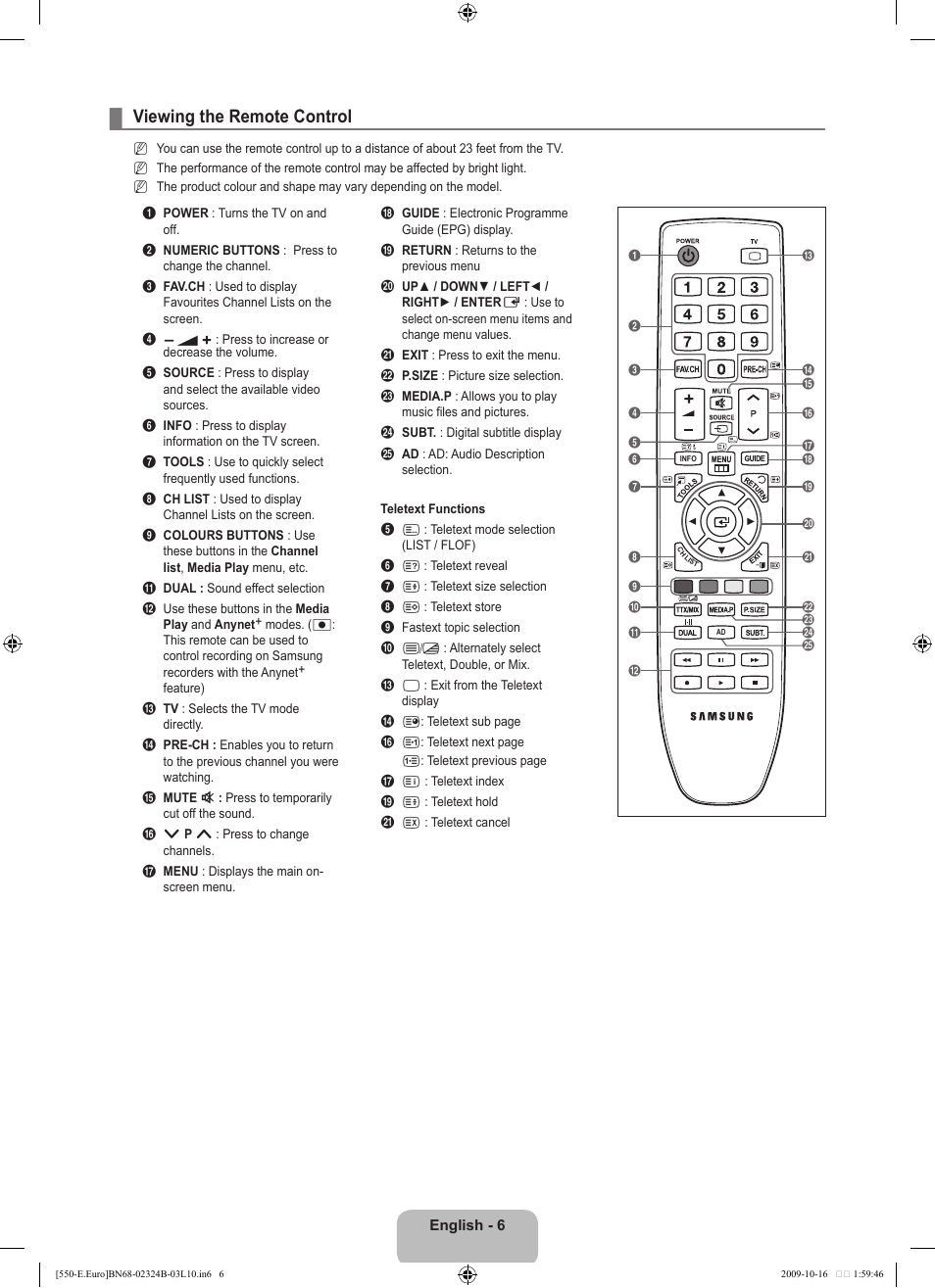 Viewing the remote control | Samsung LE37B551A6W User Manual | Page 8 / 502