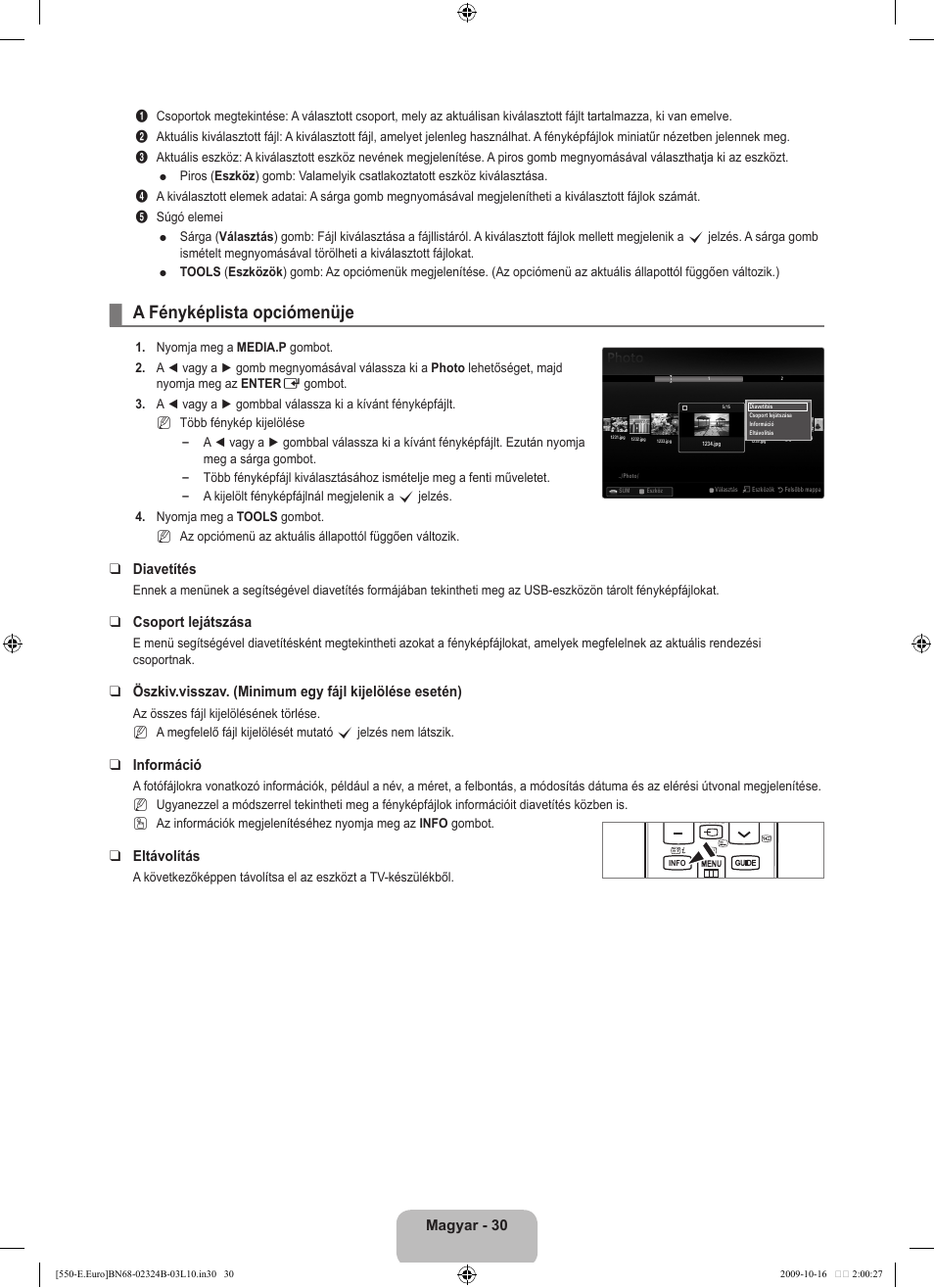 A fényképlista opciómenüje, Magyar - 30, Diavetítés | Csoport lejátszása, Információ, Eltávolítás | Samsung LE37B551A6W User Manual | Page 94 / 502