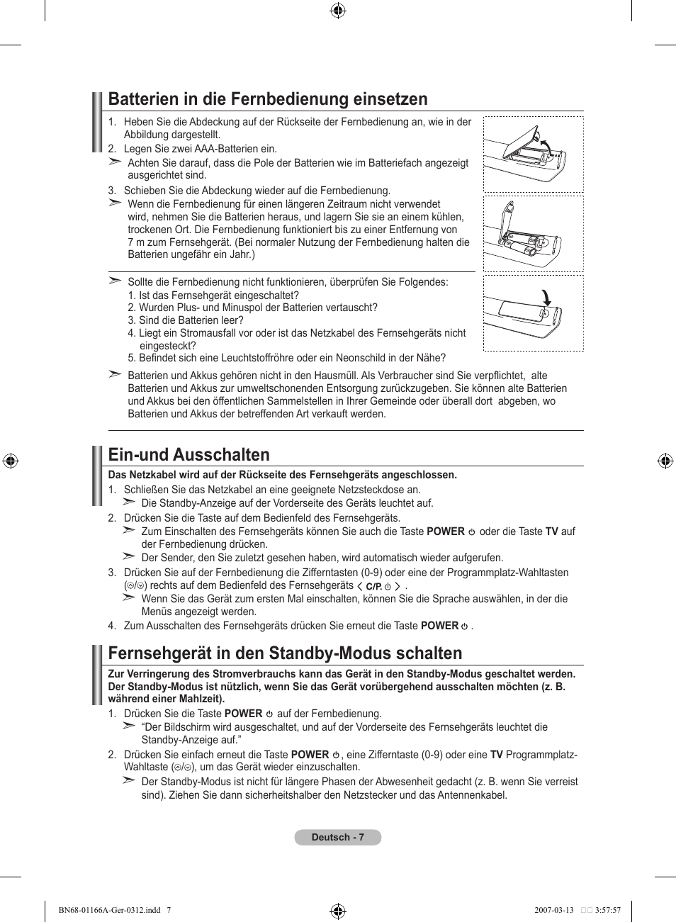 Batterien in die fernbedienung einsetzen, Ein-und ausschalten, Fernsehgerät in den standby-modus schalten | Samsung LE32R83B User Manual | Page 101 / 559