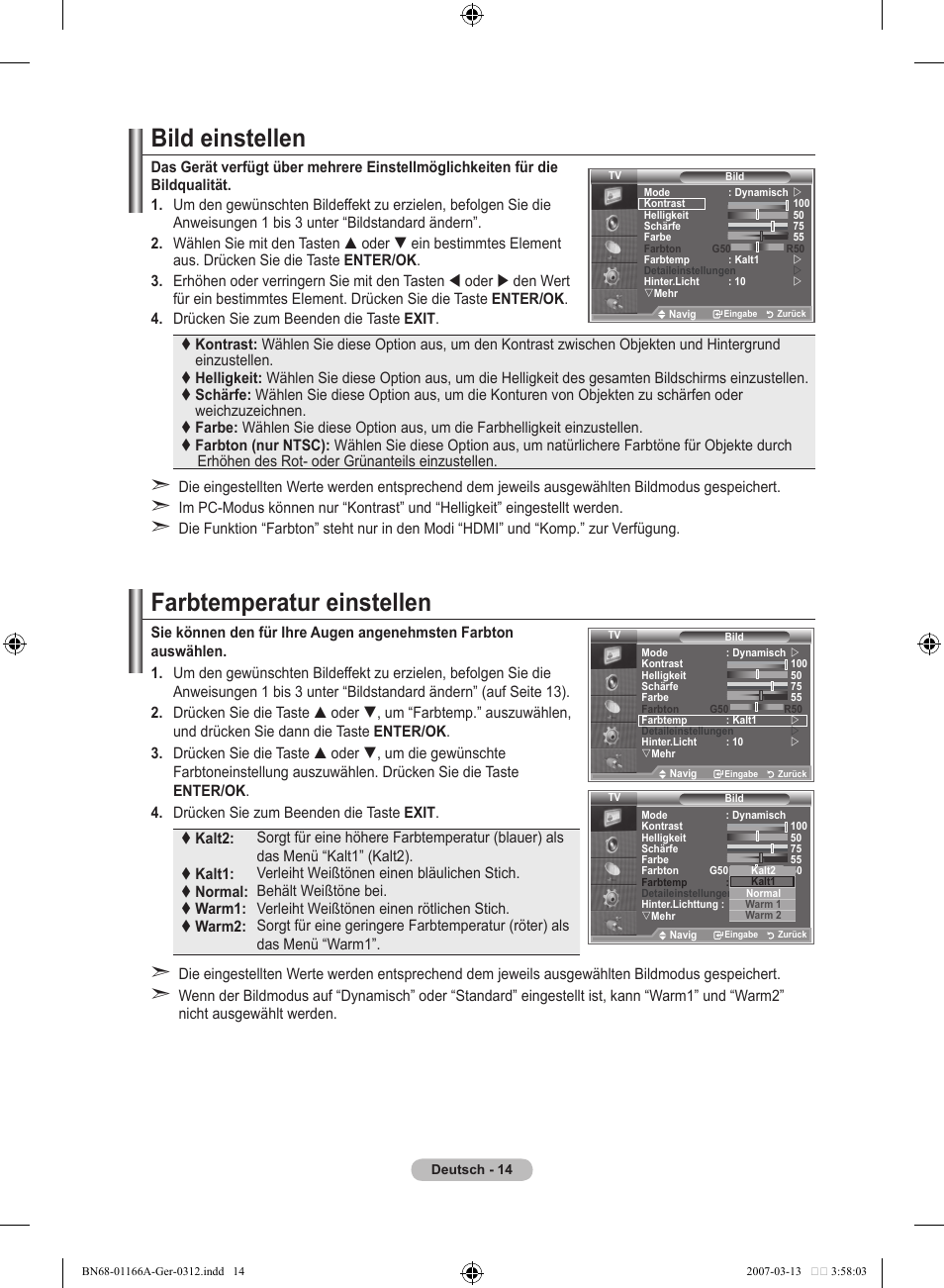 Bild einstellen, Farbtemperatur einstellen | Samsung LE32R83B User Manual | Page 108 / 559