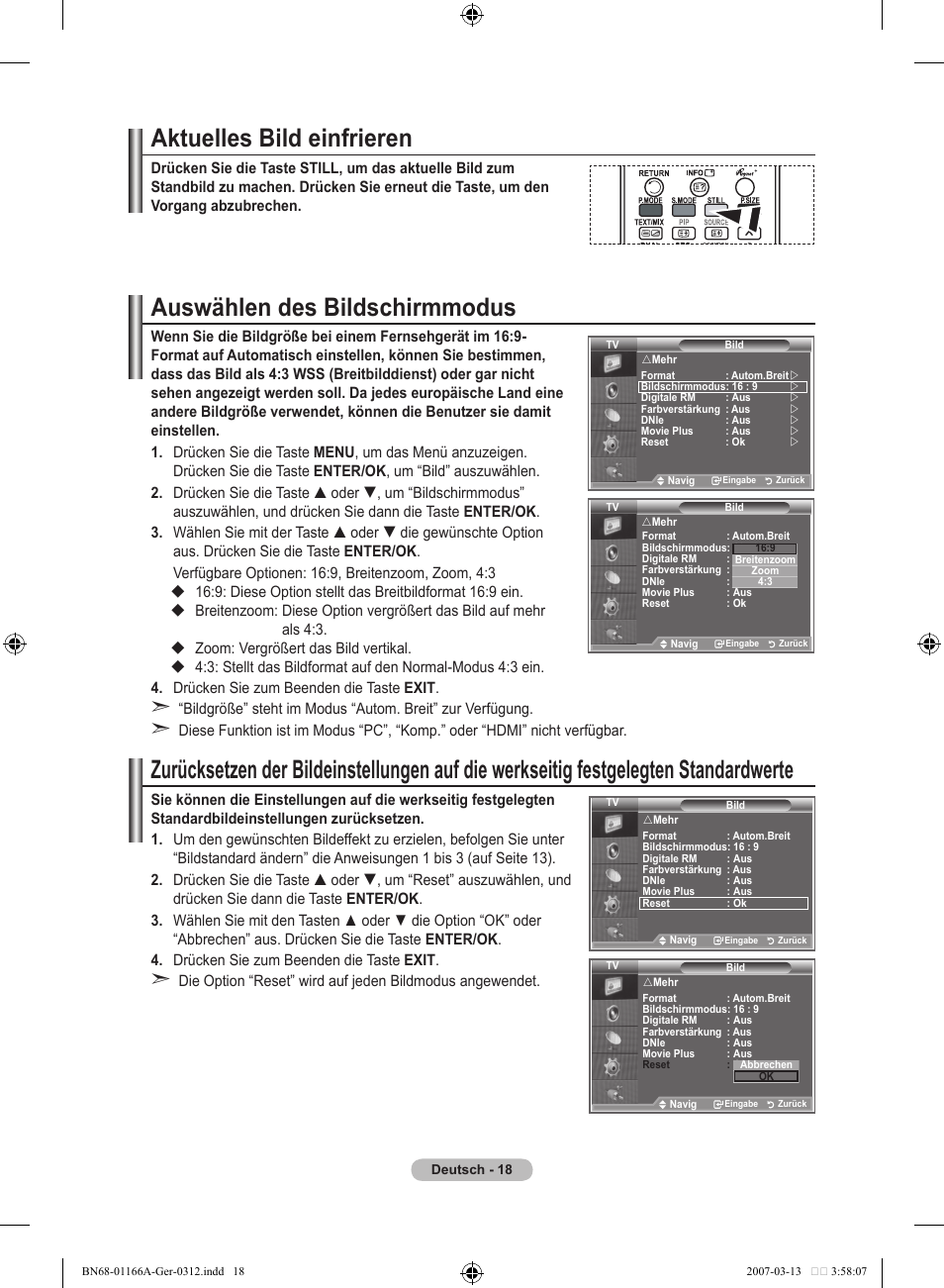 Aktuelles bild einfrieren, Auswählen des bildschirmmodus | Samsung LE32R83B User Manual | Page 112 / 559