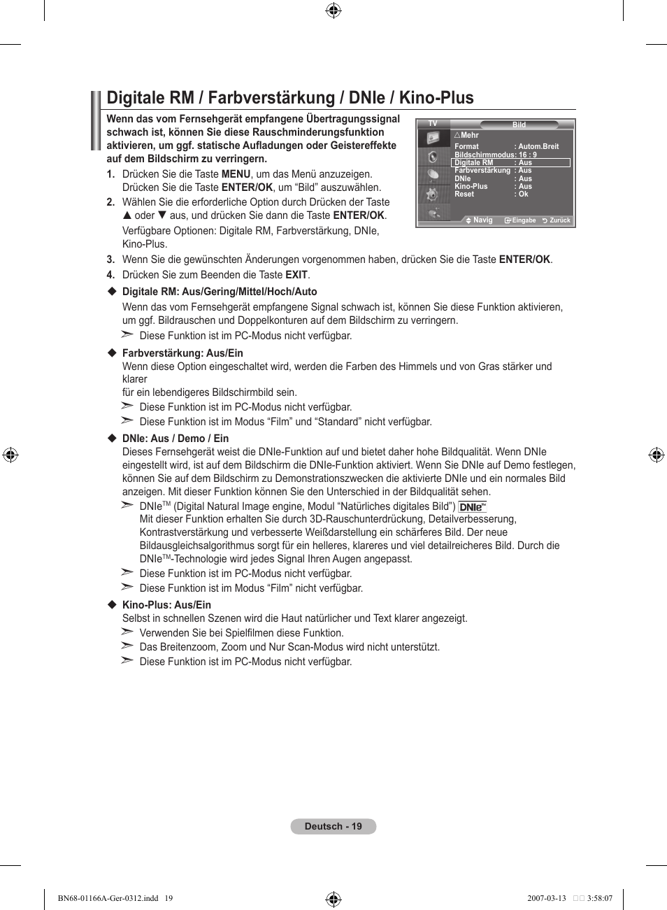 Digitale rm / farbverstärkung / dnie / kino-plus | Samsung LE32R83B User Manual | Page 113 / 559