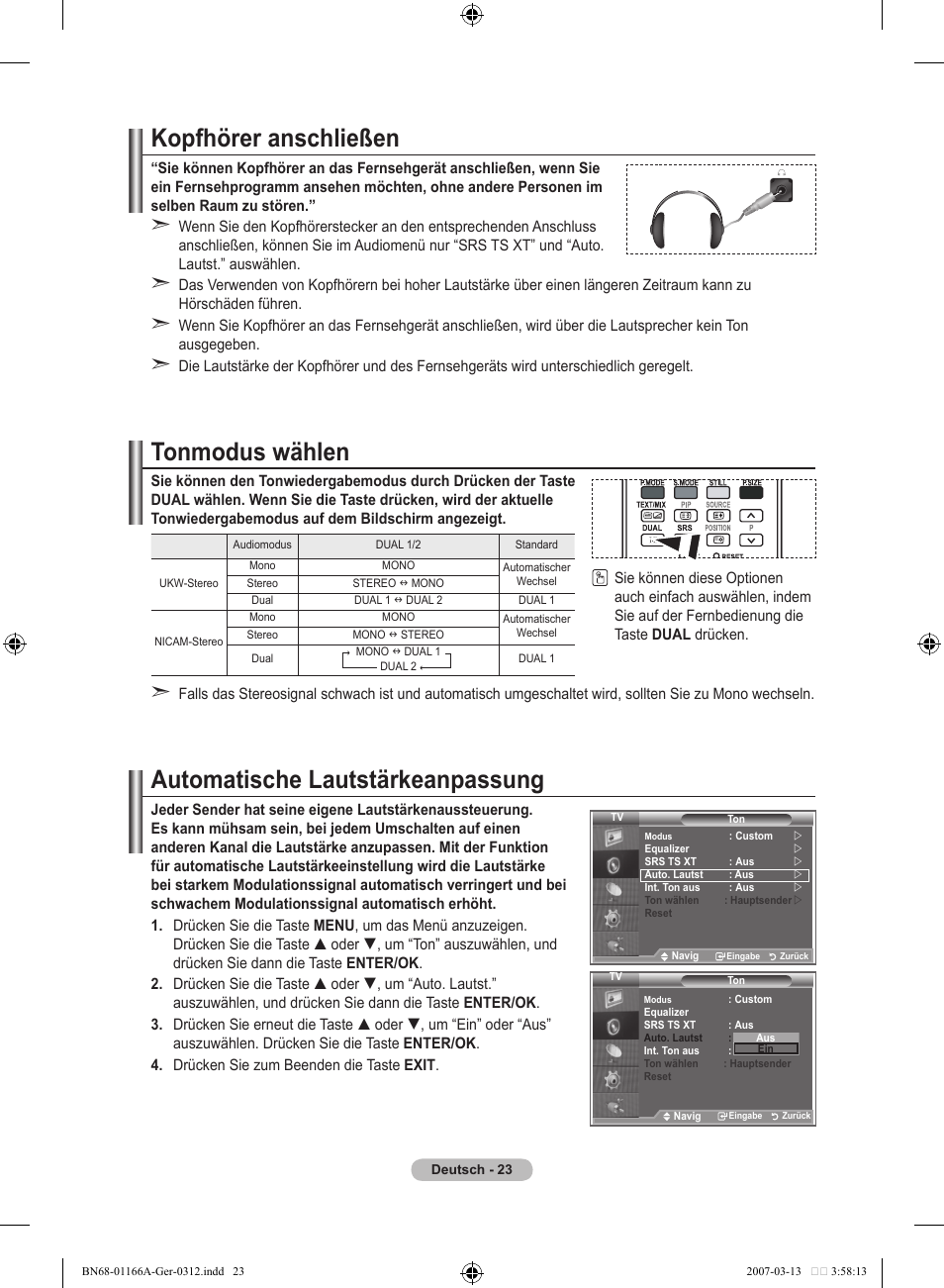 Kopfhörer anschließen, Tonmodus wählen, Automatische lautstärkeanpassung | Samsung LE32R83B User Manual | Page 117 / 559