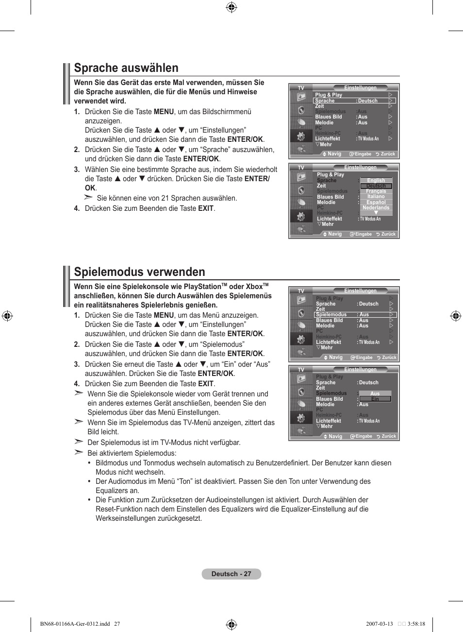 Sprache auswählen, Spielemodus verwenden | Samsung LE32R83B User Manual | Page 121 / 559