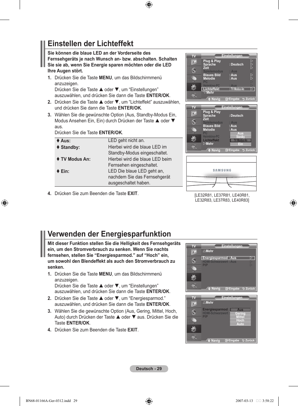 Einstellen der lichteffekt, Verwenden der energiesparfunktion | Samsung LE32R83B User Manual | Page 123 / 559