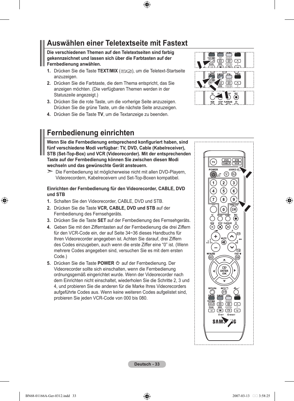 Auswählen einer teletextseite mit fastext, Fernbedienung einrichten | Samsung LE32R83B User Manual | Page 127 / 559