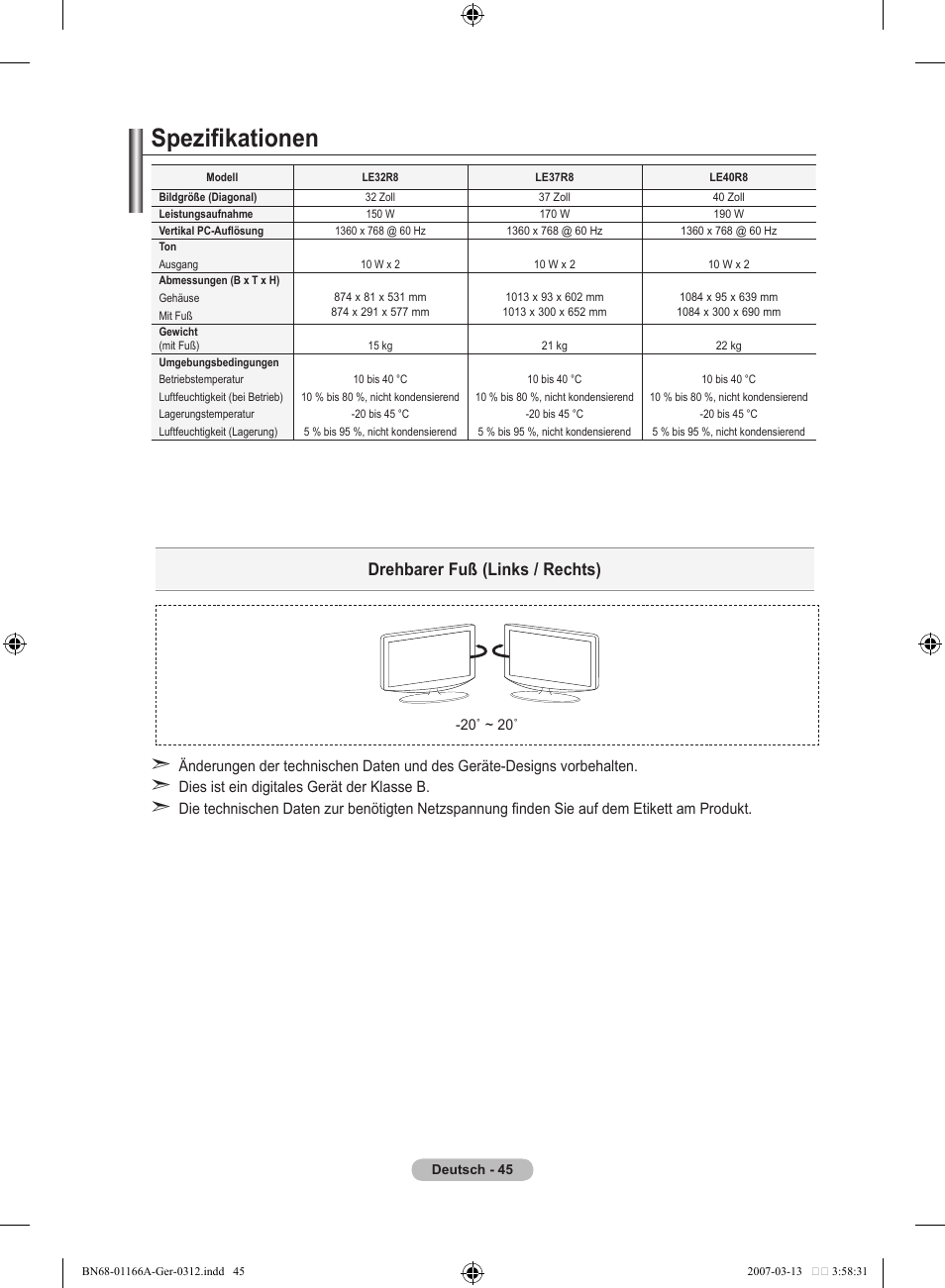 Spezifikationen, Drehbarer fuß (links / rechts) | Samsung LE32R83B User Manual | Page 139 / 559