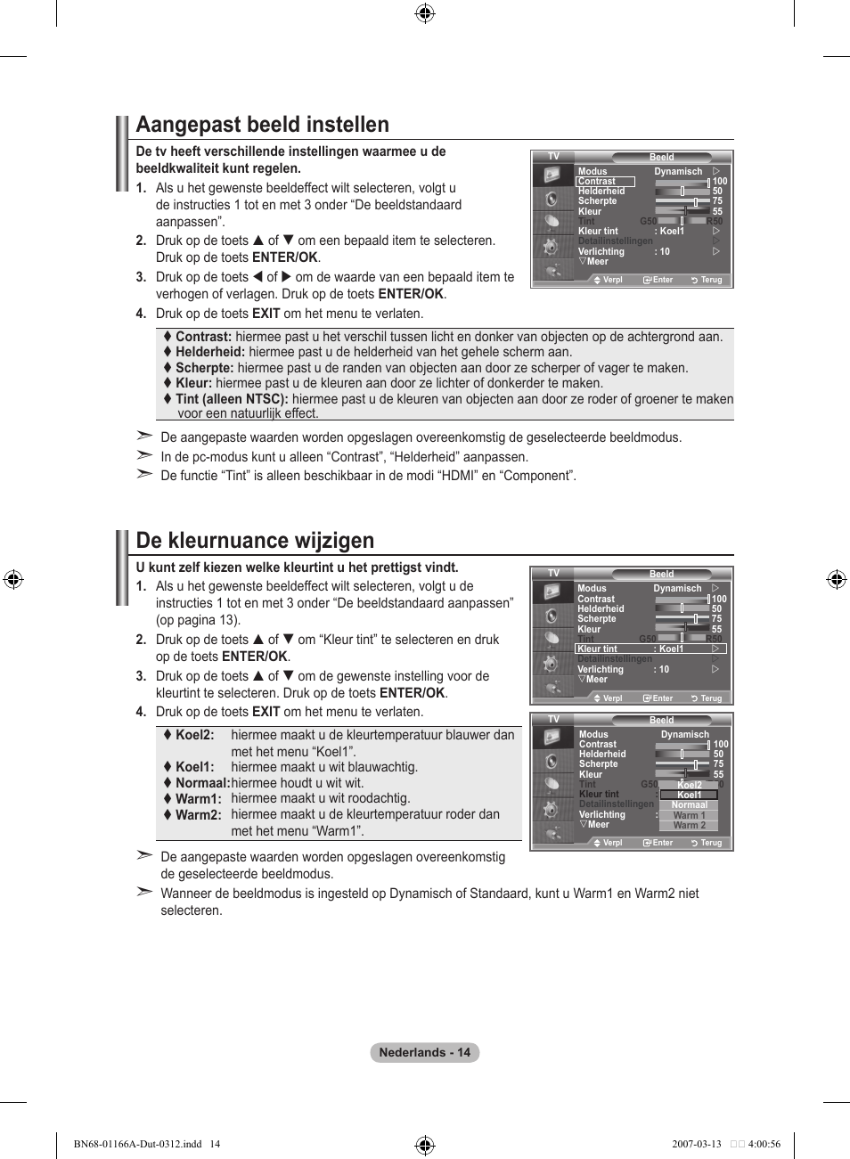 Aangepast beeld instellen, De kleurnuance wijzigen | Samsung LE32R83B User Manual | Page 154 / 559