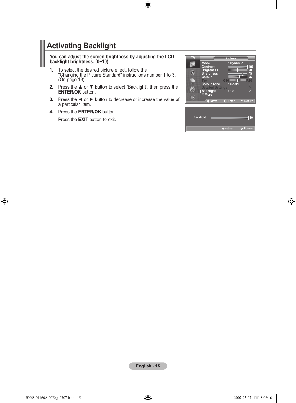 Activating backlight | Samsung LE32R83B User Manual | Page 17 / 559
