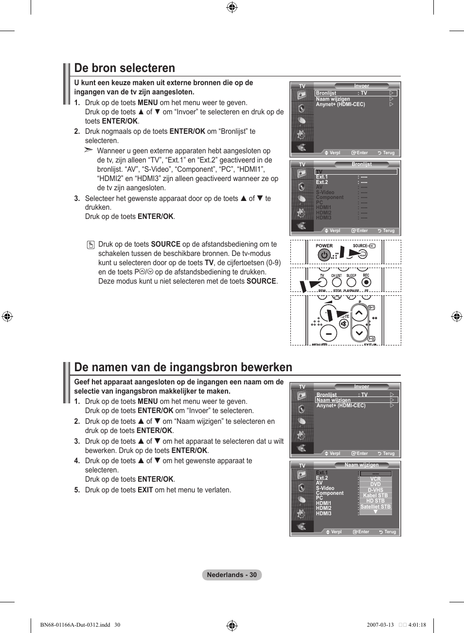 De bron selecteren, De namen van de ingangsbron bewerken | Samsung LE32R83B User Manual | Page 170 / 559