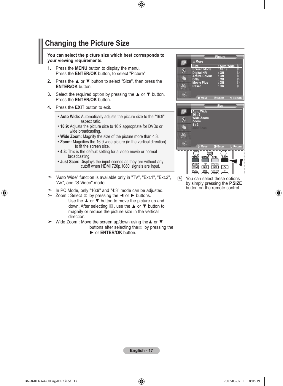 Changing the picture size | Samsung LE32R83B User Manual | Page 19 / 559