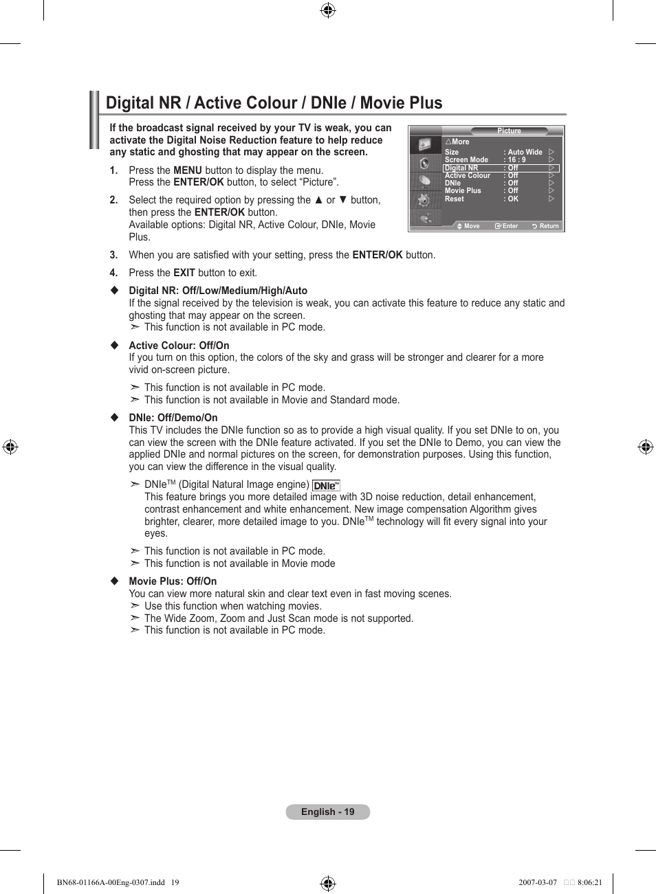 Digital nr / active colour / dnie / movie plus | Samsung LE32R83B User Manual | Page 21 / 559