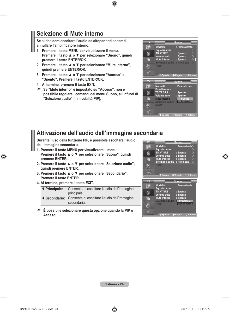 Selezione di mute interno, Attivazione dell’audio dell’immagine secondaria | Samsung LE32R83B User Manual | Page 210 / 559