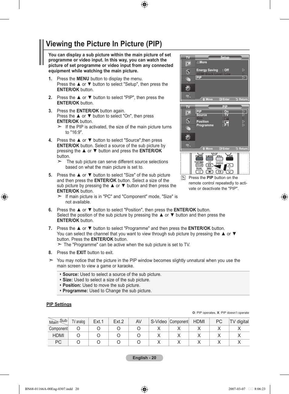 Viewing the picture in picture (pip) | Samsung LE32R83B User Manual | Page 22 / 559