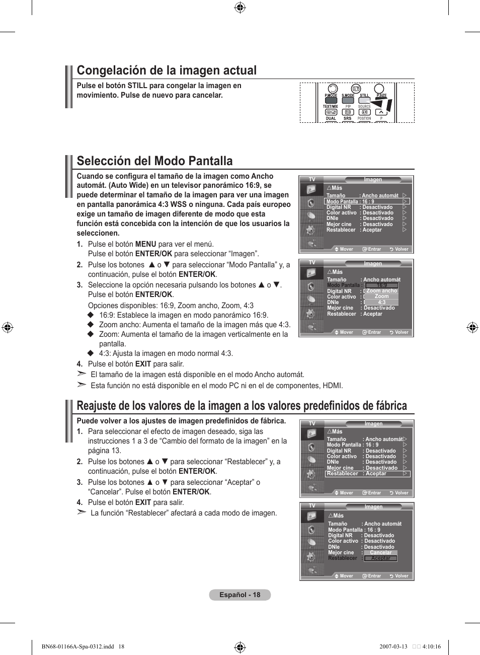 Congelación de la imagen actual, Selección del modo pantalla | Samsung LE32R83B User Manual | Page 252 / 559