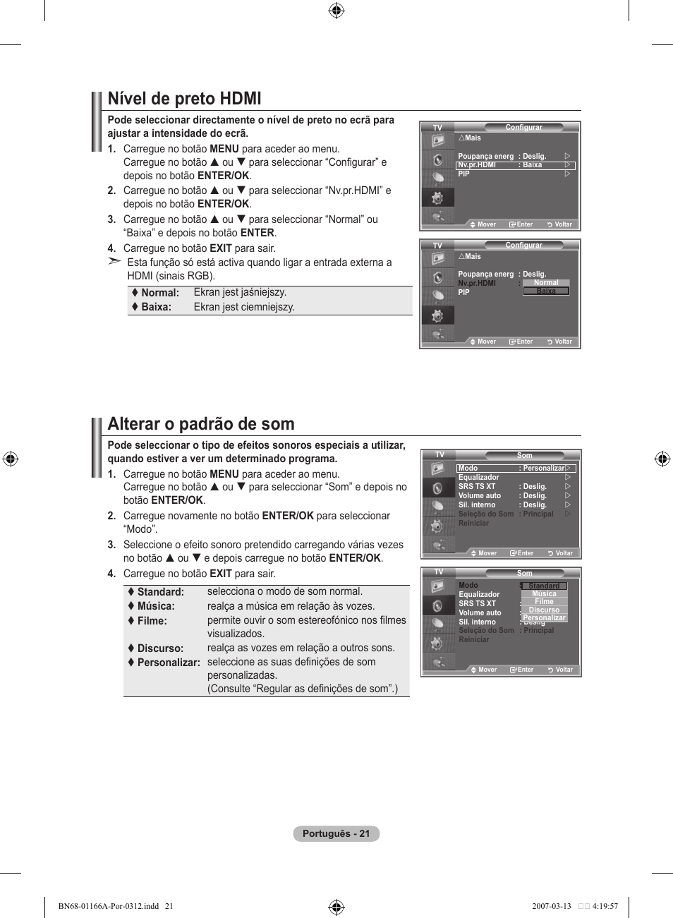 Nível de preto hdmi, Alterar o padrão de som | Samsung LE32R83B User Manual | Page 301 / 559