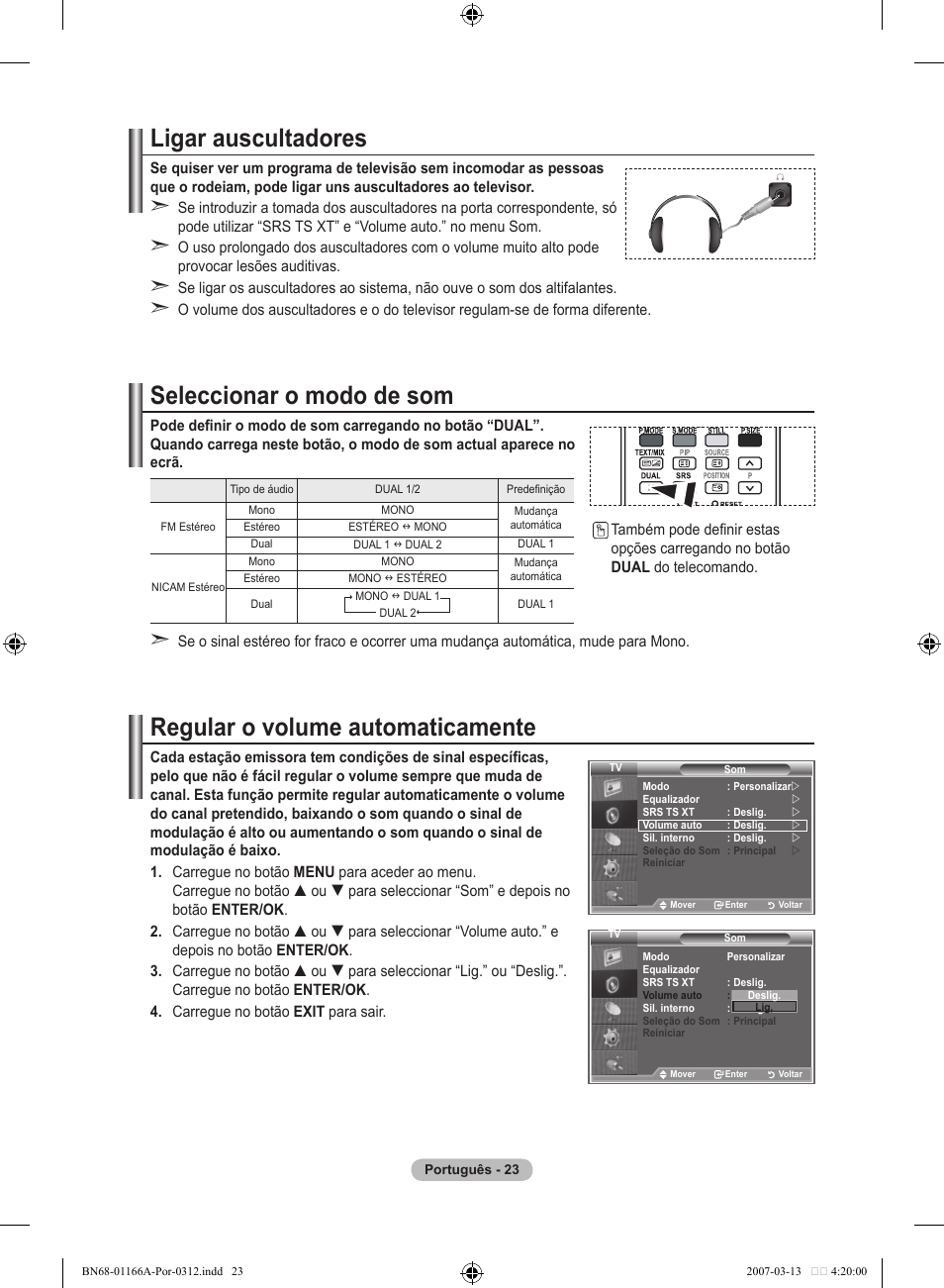 Ligar auscultadores, Seleccionar o modo de som, Regular o volume automaticamente | Samsung LE32R83B User Manual | Page 303 / 559