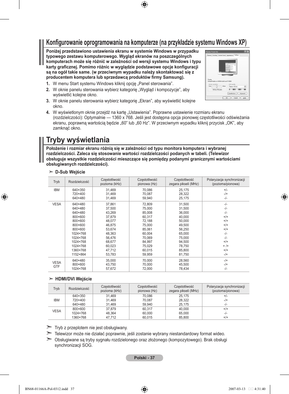 Tryby wyświetlania | Samsung LE32R83B User Manual | Page 409 / 559