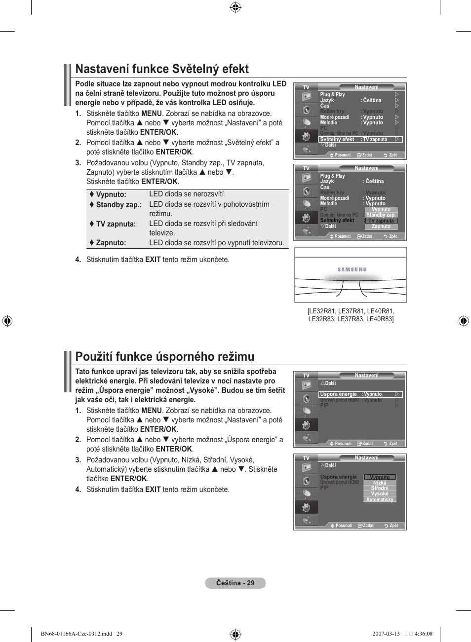 Nastavení funkce světelný efekt, Použití funkce úsporného režimu | Samsung LE32R83B User Manual | Page 447 / 559