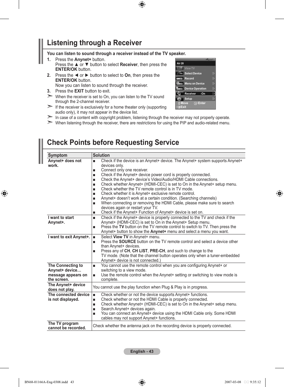 Listening through a receiver, Check points before requesting service | Samsung LE32R83B User Manual | Page 45 / 559
