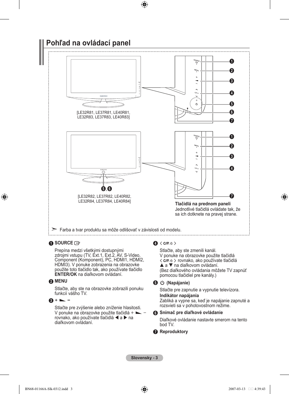 Pohľad na ovládací panel | Samsung LE32R83B User Manual | Page 467 / 559