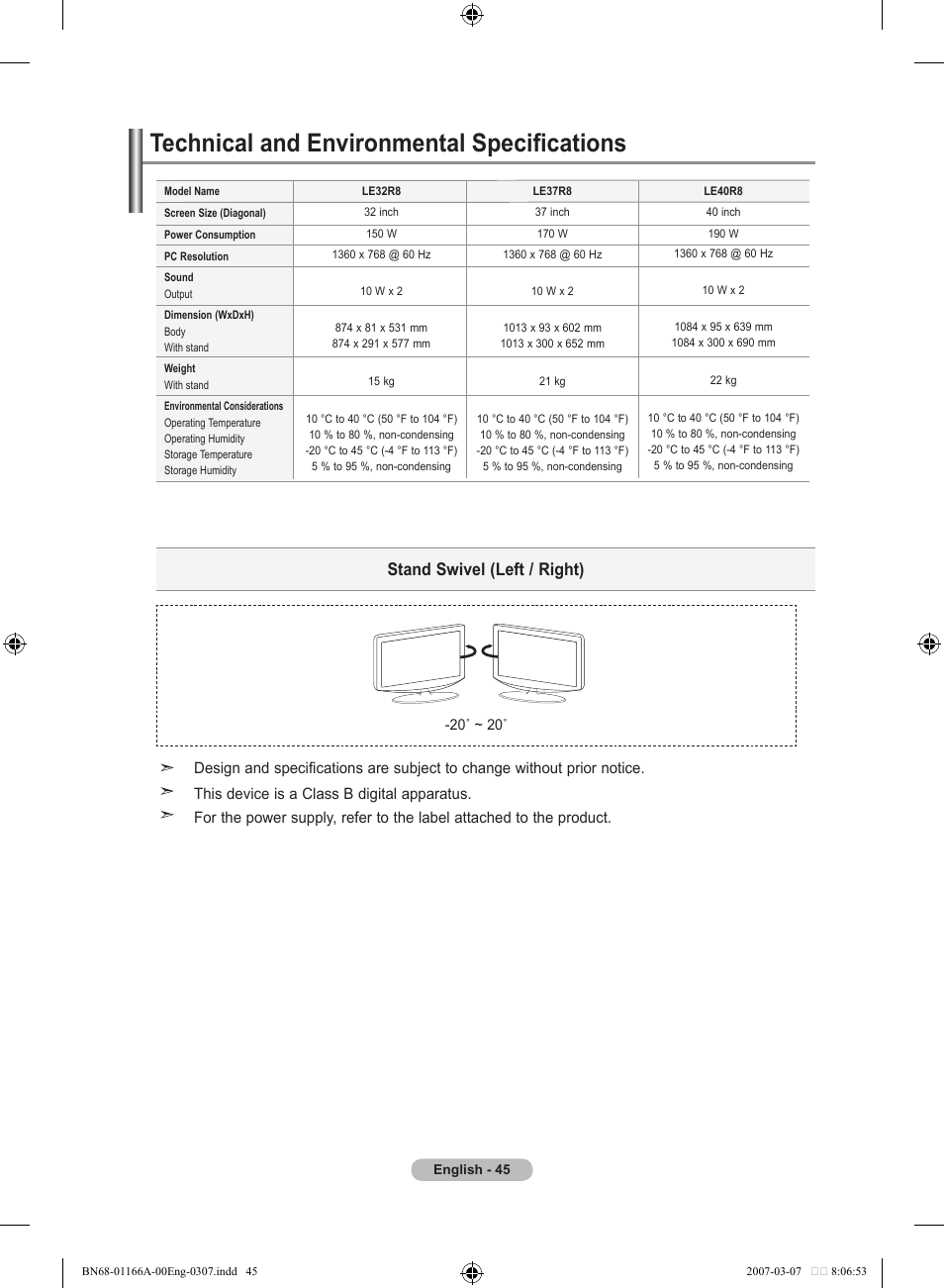Technical and environmental specifications, Stand swivel (left / right) | Samsung LE32R83B User Manual | Page 47 / 559