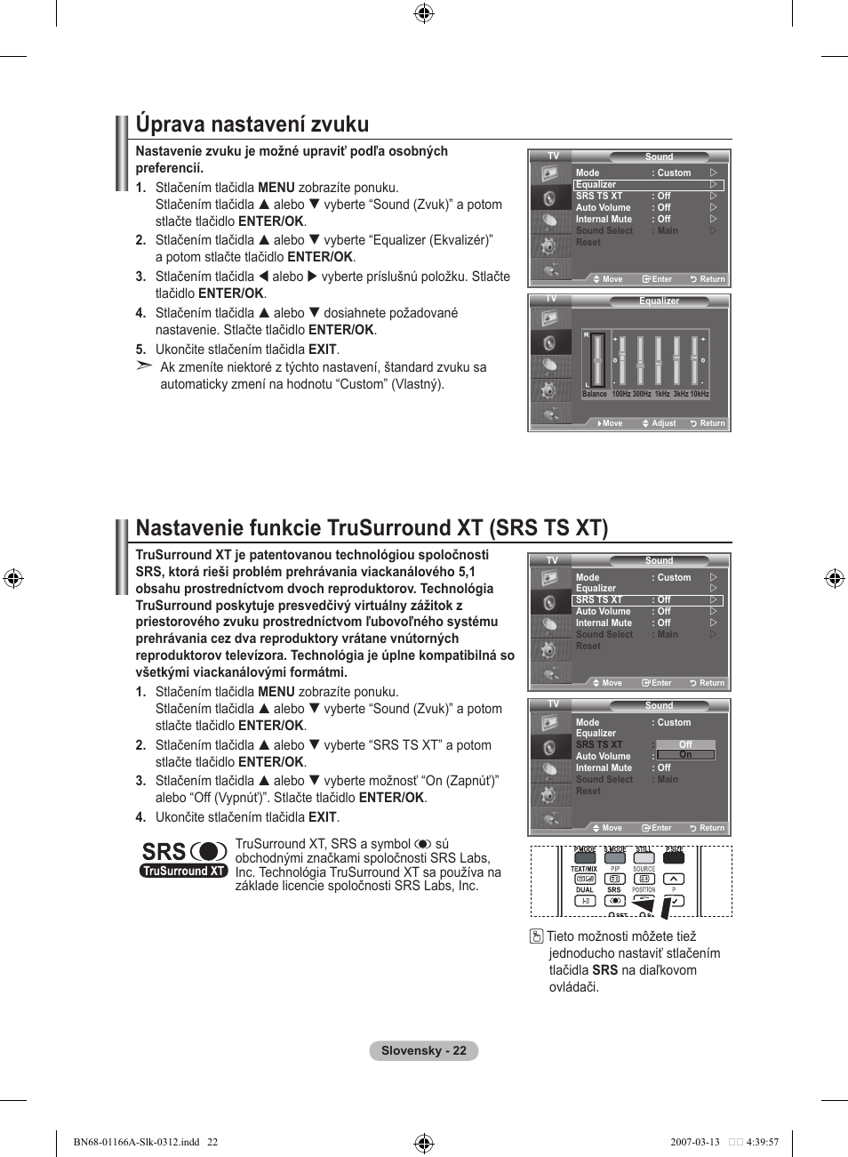 Úprava nastavení zvuku, Nastavenie funkcie trusurround xt (srs ts xt) | Samsung LE32R83B User Manual | Page 486 / 559