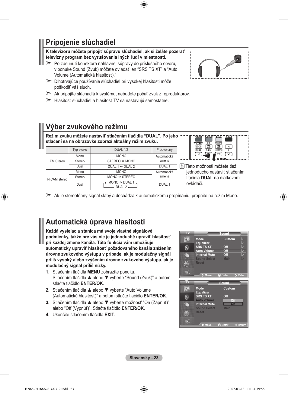 Pripojenie slúchadiel, Výber zvukového režimu, Automatická úprava hlasitosti | Samsung LE32R83B User Manual | Page 487 / 559
