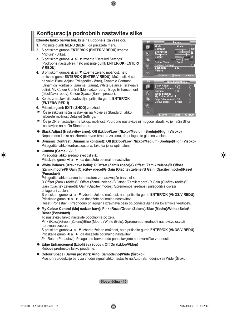 Konfiguracija podrobnih nastavitev slike | Samsung LE32R83B User Manual | Page 526 / 559