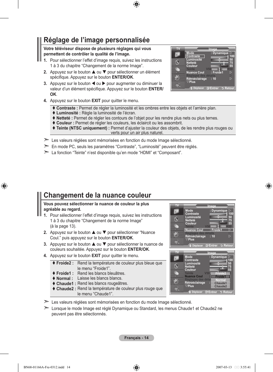 Réglage de l’image personnalisée, Changement de la nuance couleur | Samsung LE32R83B User Manual | Page 62 / 559