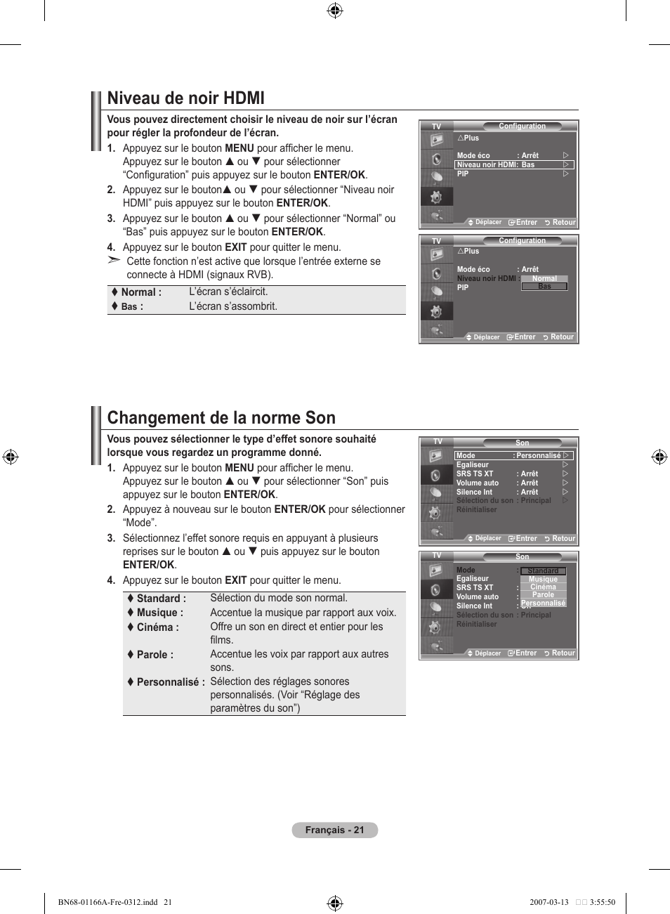 Niveau de noir hdmi, Changement de la norme son | Samsung LE32R83B User Manual | Page 69 / 559