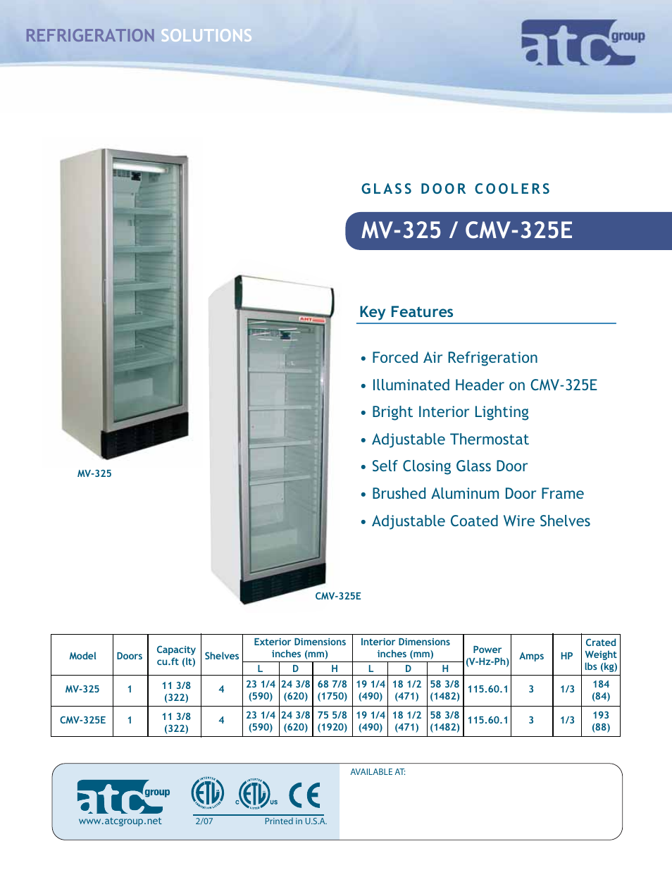 ATC Group Glass Door Coolers MV-325 User Manual | 2 pages