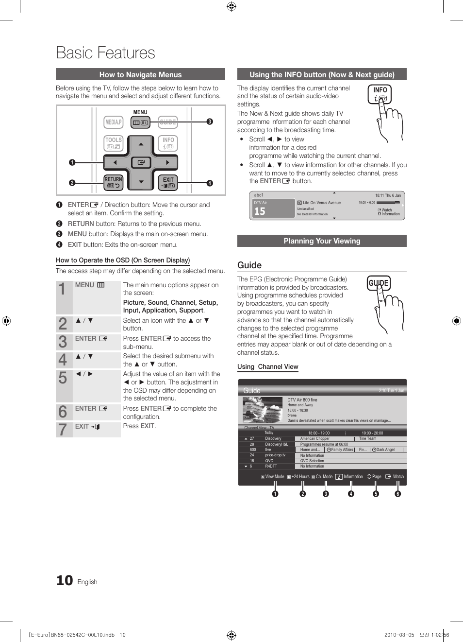 Basic features, How to navigate menus, Using the info button (now & next guide) | Planning your viewing, Guide | Samsung LE32C530F1W User Manual | Page 10 / 381