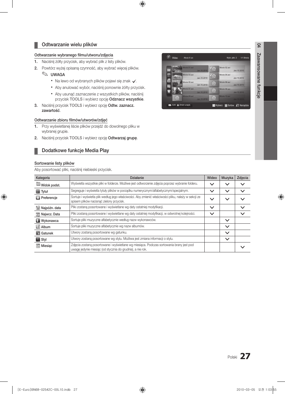 Odtwarzanie wielu plików, Dodatkowe funkcje media play | Samsung LE32C530F1W User Manual | Page 103 / 381