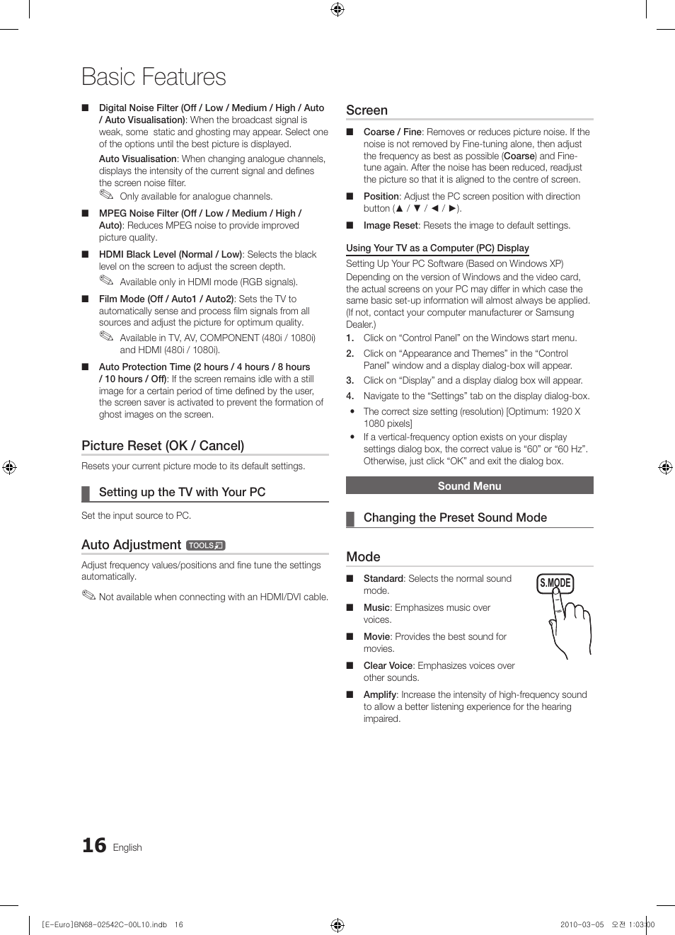 Sound menu, Basic features, Picture reset (ok / cancel) | Auto adjustment, Screen, Mode | Samsung LE32C530F1W User Manual | Page 16 / 381
