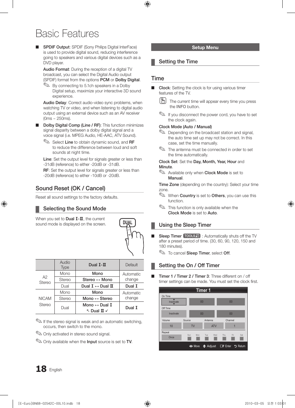 Setup menu, Basic features, Sound reset (ok / cancel) | Time | Samsung LE32C530F1W User Manual | Page 18 / 381
