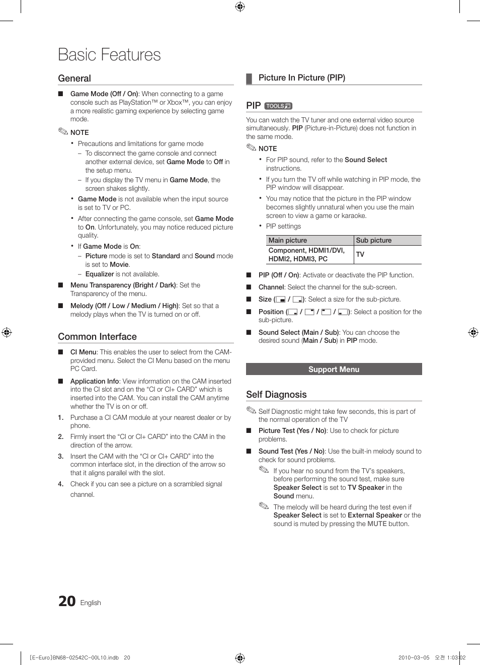 Support menu, Basic features, General | Common interface, Self diagnosis | Samsung LE32C530F1W User Manual | Page 20 / 381