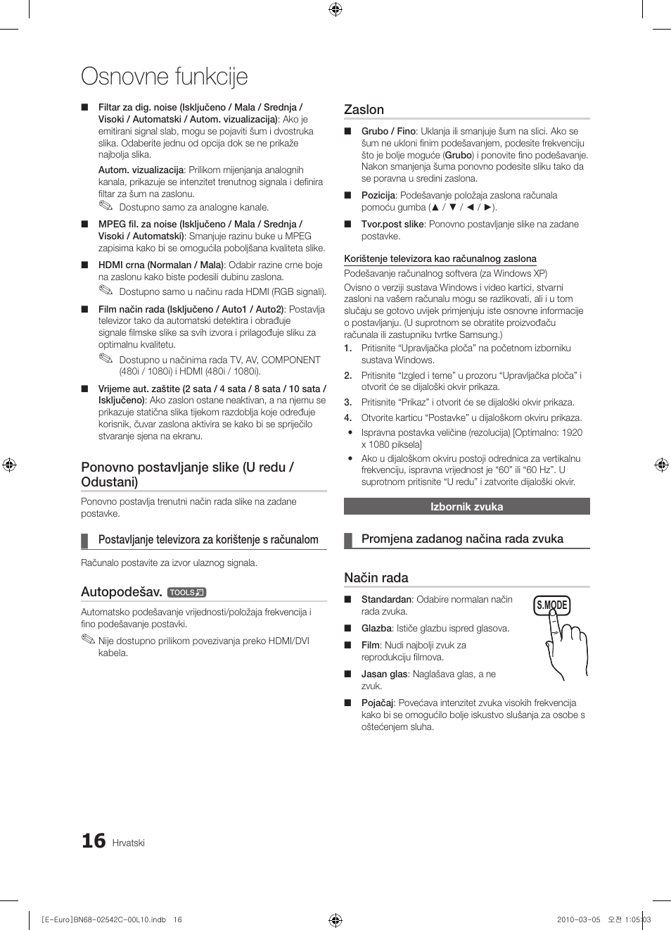 Osnovne funkcije, Ponovno postavljanje slike (u redu / odustani), Autopodešav | Zaslon, Način rada | Samsung LE32C530F1W User Manual | Page 206 / 381
