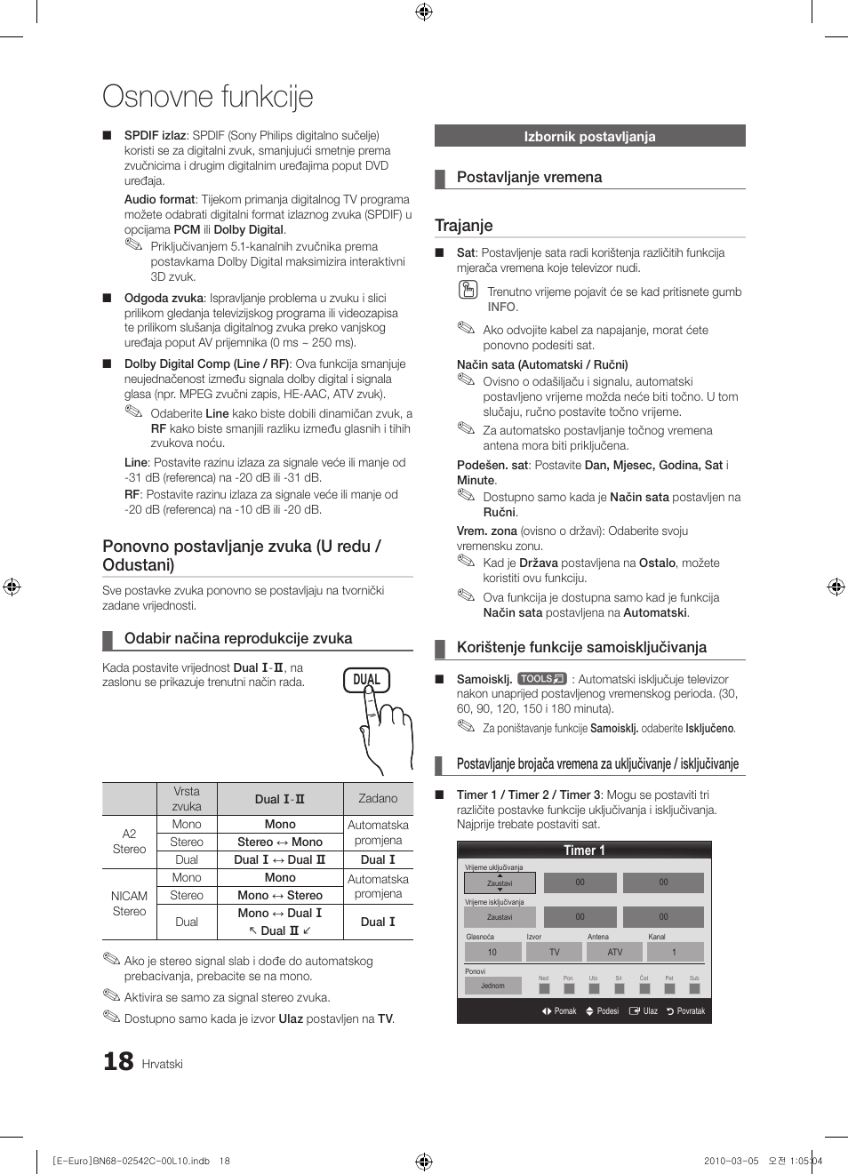 Osnovne funkcije, Ponovno postavljanje zvuka (u redu / odustani), Trajanje | Samsung LE32C530F1W User Manual | Page 208 / 381